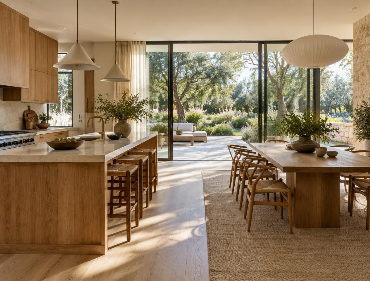 Modern California home interior with garden views